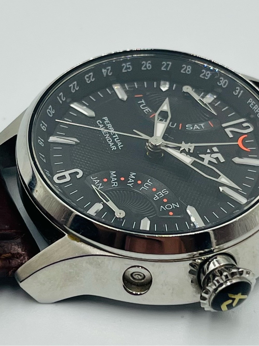 Perpetual Calendar Men's Watch - Black Dial, Brown Leather Strap - Picture 2 of 11